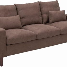 Upholstered Sofas 3 Seater for Living Room Modern Design Simple Couch, Straight Arms, Linen Fabric Upholstery, Tool-Free Assembly (Brown)