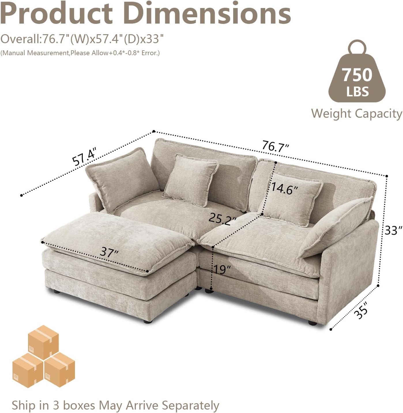 76.7-Inch Camel-Colored Compact L-Shaped "Cloud" Loveseat (With Ottoman) - Image 2
