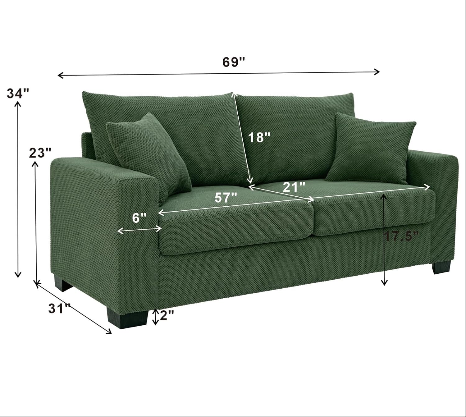 69-Inch Loveseat, Comfortable Chenille Fabric Small Sofa (Includes 2 Toss Pillows), Suitable For Living Room, Apartment, Or Office (Dark Green) - Image 2