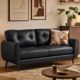 61-Inch Black Faux Leather Loveseat, Compact Tufted Living Room Sofa