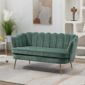 59-Inch Modern Compact Chenille Loveseat (With Gold Metal Legs And Petal-Shaped Backrest; Suitable For Living Room/Bedroom/Office; Green)