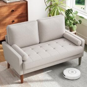 48-Inch Loveseat, Compact Sofa With Solid Wood Legs, Gray-Beige