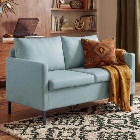 51-Inch Wide Modern Linen Loveseat With Iron Legs; Suitable For Compact Spaces, Apartments, Bedrooms, Dorms, And Offices; Aqua Blue