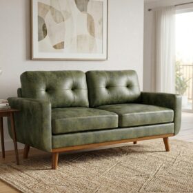 65-Inch Mid-Century Modern Loveseat (Faux Leather, Olive Green; Suitable For Small Living Rooms, Bedrooms, Offices, Dorms, Or Apartments)