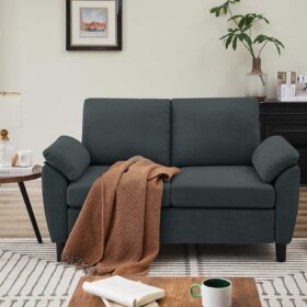 Blue Modern Linen-Look Loveseat (With Side Pockets); Suitable For Small Spaces; Dark Gray