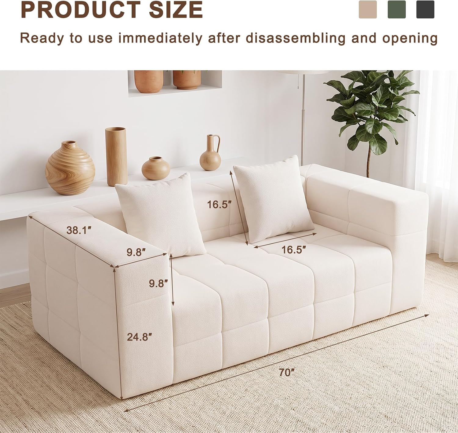 70-Inch Modern Frameless-Look Sofa—Chenille "Cloud" Loveseat , Beige - Image 2