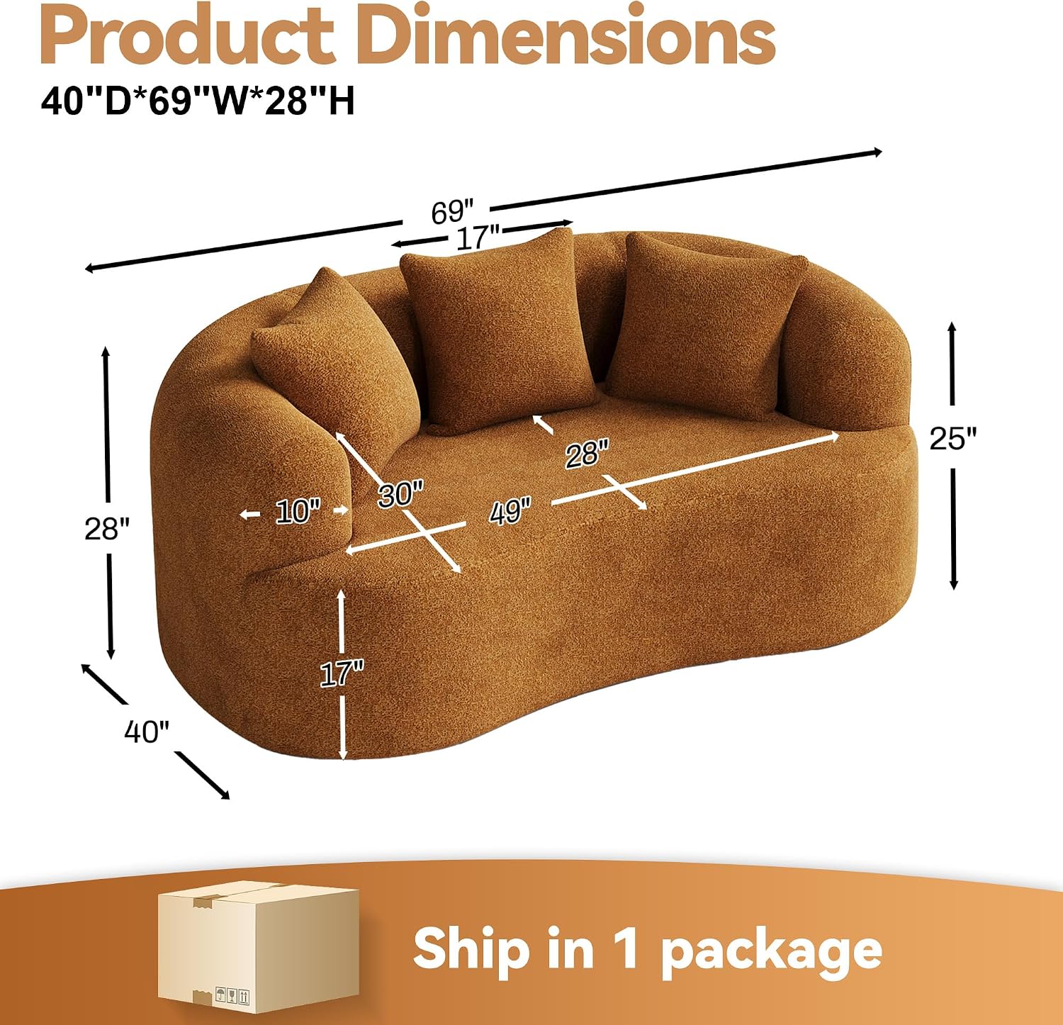 69-Inch Modern Curved "Cloud" Loveseat, Suitable For Living Room, Orange - Image 2