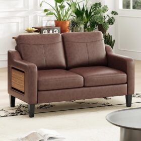 51-Inch Leather Loveseat (With Fold-Down Side Table, Chocolate Brown)