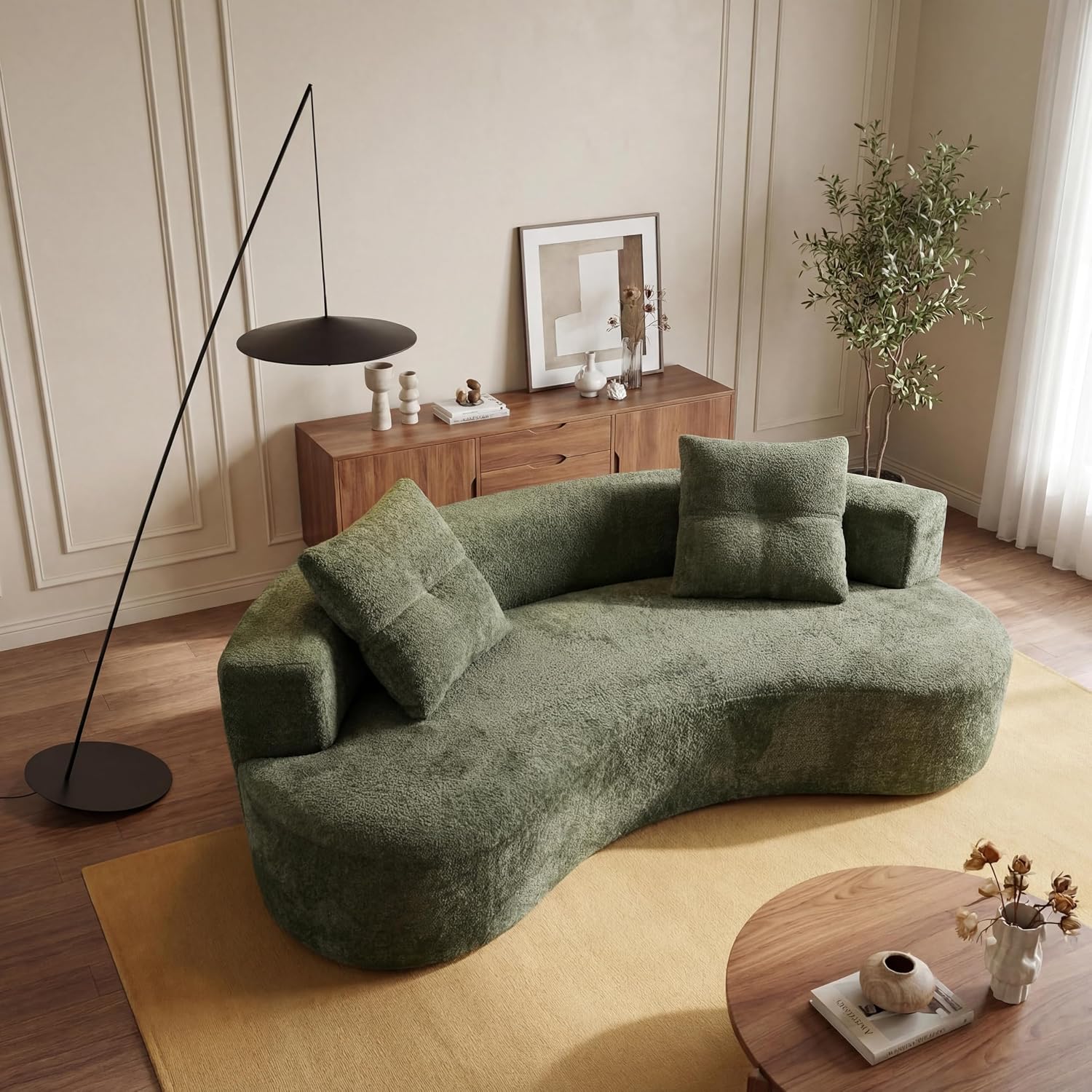 80-Inch Green Bouclé Curved Modular Frameless Sofa (Includes 2 Throw Pillows)